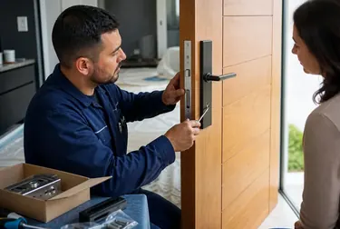 Chaveiro instalando uma fechadura nova com detalhes técnicos visíveis.