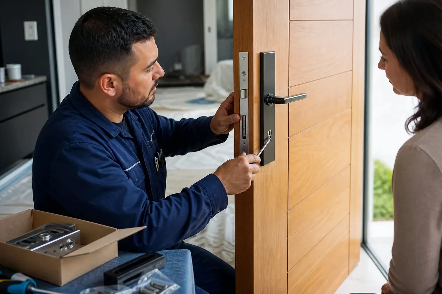 Chaveiro instalando uma fechadura nova com detalhes técnicos visíveis.
