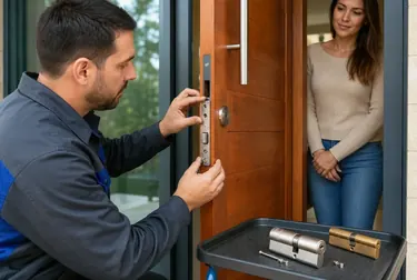 Chaveiro substituindo uma fechadura de porta com suas ferramentas.
