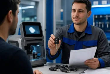 Chaveiro utilizando máquina para codificação de chaves especializadas.