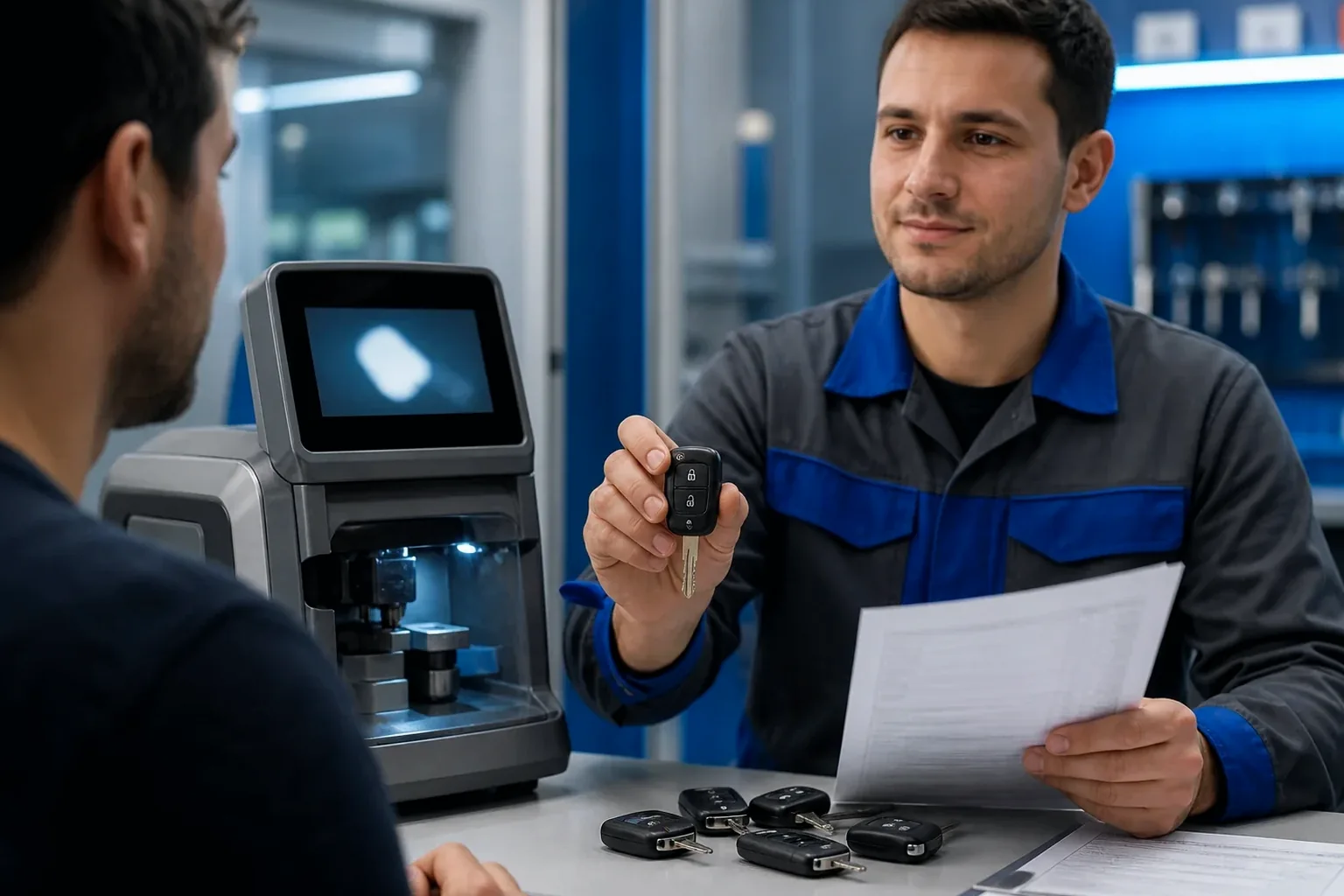 Chaveiro utilizando máquina para codificação de chaves especializadas.